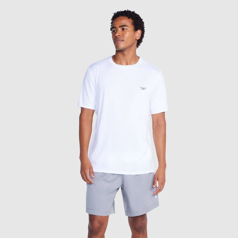 slide 3 of 3, Speedo Men's Short Sleeve Rash Guard Swim Shirt - White L: UPF 50+ Woven Pullover, 1 ct