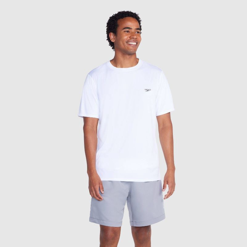 slide 1 of 3, Speedo Men's Short Sleeve Rash Guard Swim Shirt - White L: UPF 50+ Woven Pullover, 1 ct