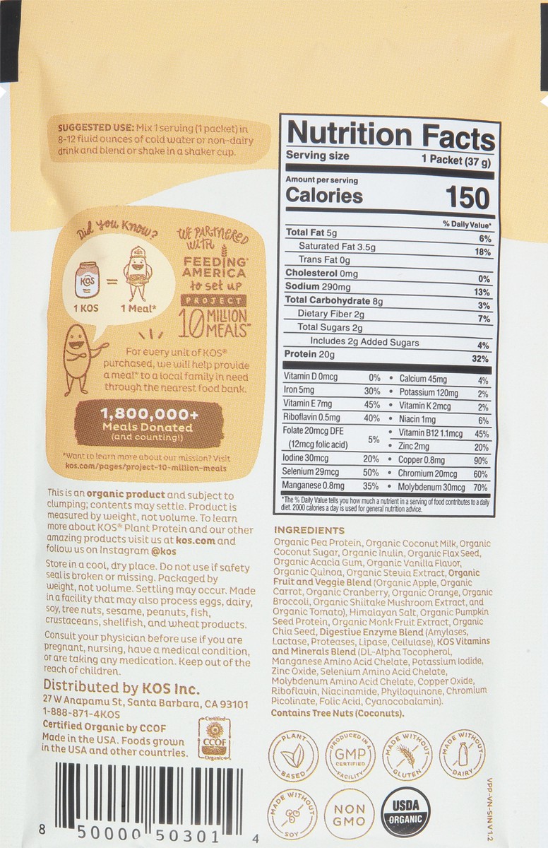slide 7 of 9, KOS Organic Vanilla Flavored Plant Protein 1.30 oz, 1.3 oz