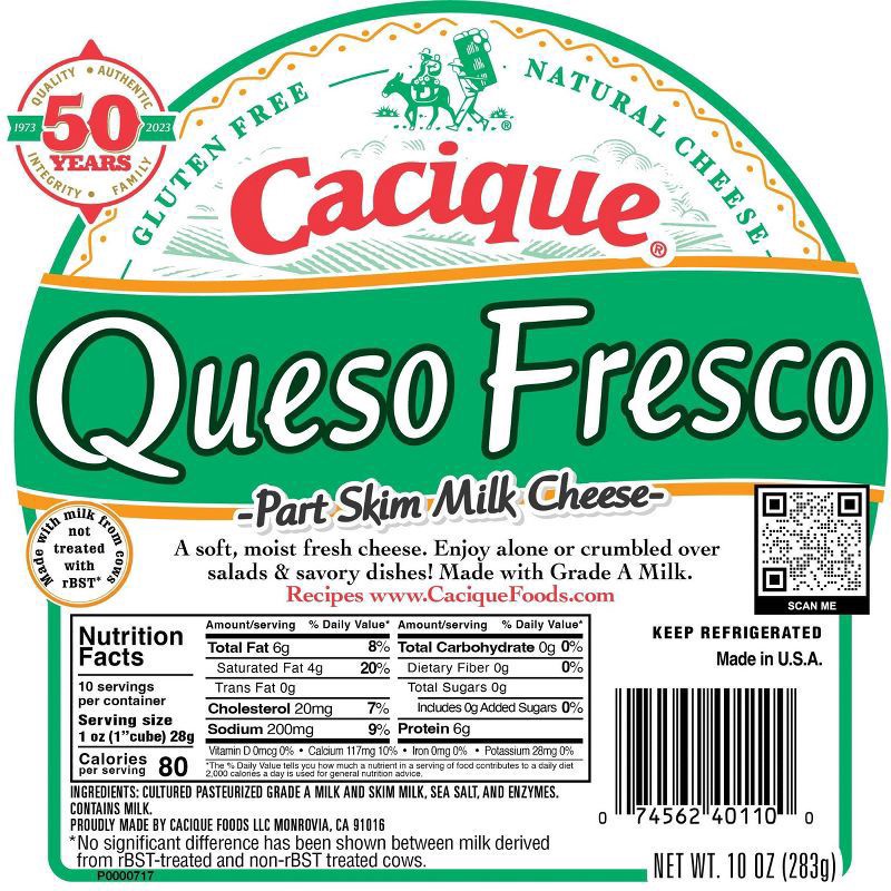 slide 1 of 11, Cacique Queso Fresco Part Skim Milk Cheese, 10 oz