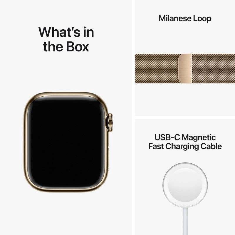 slide 8 of 8, Apple Watch Series 8 GPS + Cellular 41mm Gold Stainless Steel Case with Gold Milanese Loop, 1 ct