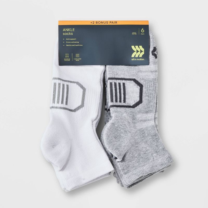 slide 2 of 3, Men's Striped Cushioned Ankle Socks 8pk - All In Motion™ Gray/White 6-12: Knit Midweight, Cushioned Heel & Toe, 8 ct
