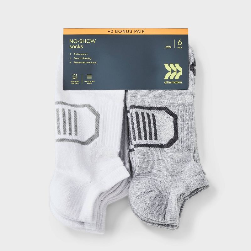 slide 2 of 3, Men's Striped Cushioned No Show Socks 8pk - All In Motion™ Gray/White 6-12: Knit Midweight, Cushioned Heel & Toe, 8 ct