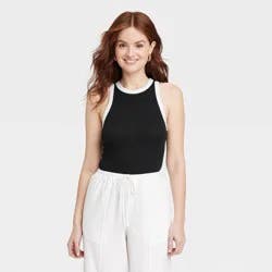 Women's Slim Fit Ribbed Highneck Tank Top - A New Day™ Black/White XS: Cotton Modal Blend, Pullover, Sleeveless, Knit Fabric