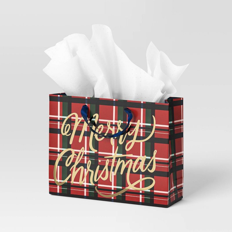 slide 2 of 3, 'Merry Christmas' Plaid Large Vogue Gift Bag Red - Wondershop™, 1 ct