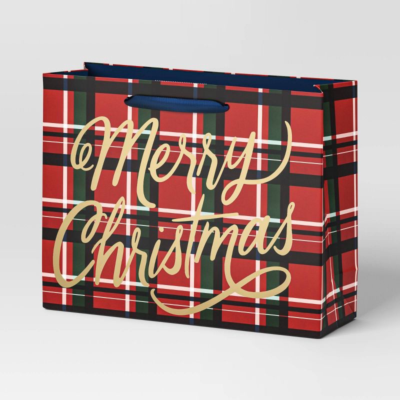 slide 1 of 3, 'Merry Christmas' Plaid Large Vogue Gift Bag Red - Wondershop™, 1 ct