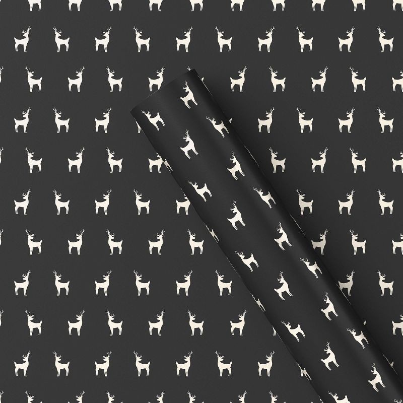 slide 1 of 3, 220 sq ft Deer Christmas Gift Wrap Cream/Black - Wondershop™: FSC Certified, 220 sq ft