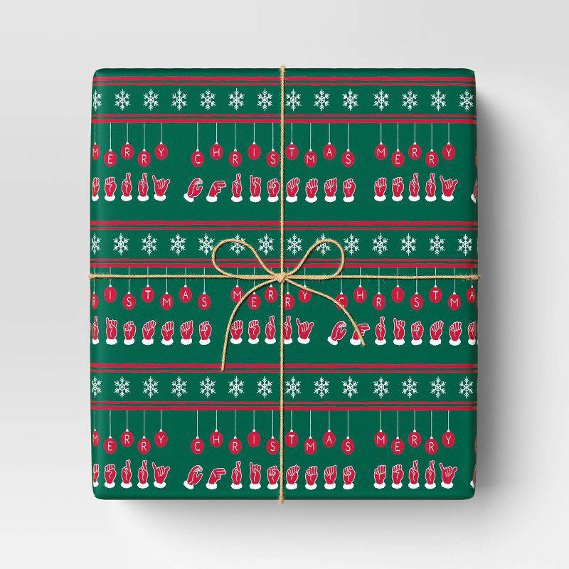 slide 2 of 3, 50 sq ft American Sign Language 'Merry Christmas' Gift Wrap Green - Wondershop™: Paper, Typography, 20"x30", 50 sq ft