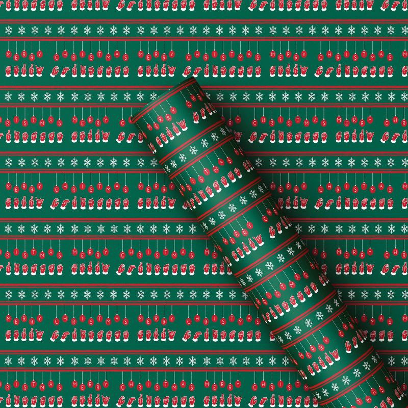 slide 1 of 3, 50 sq ft American Sign Language 'Merry Christmas' Gift Wrap Green - Wondershop™: Paper, Typography, 20"x30", 50 sq ft