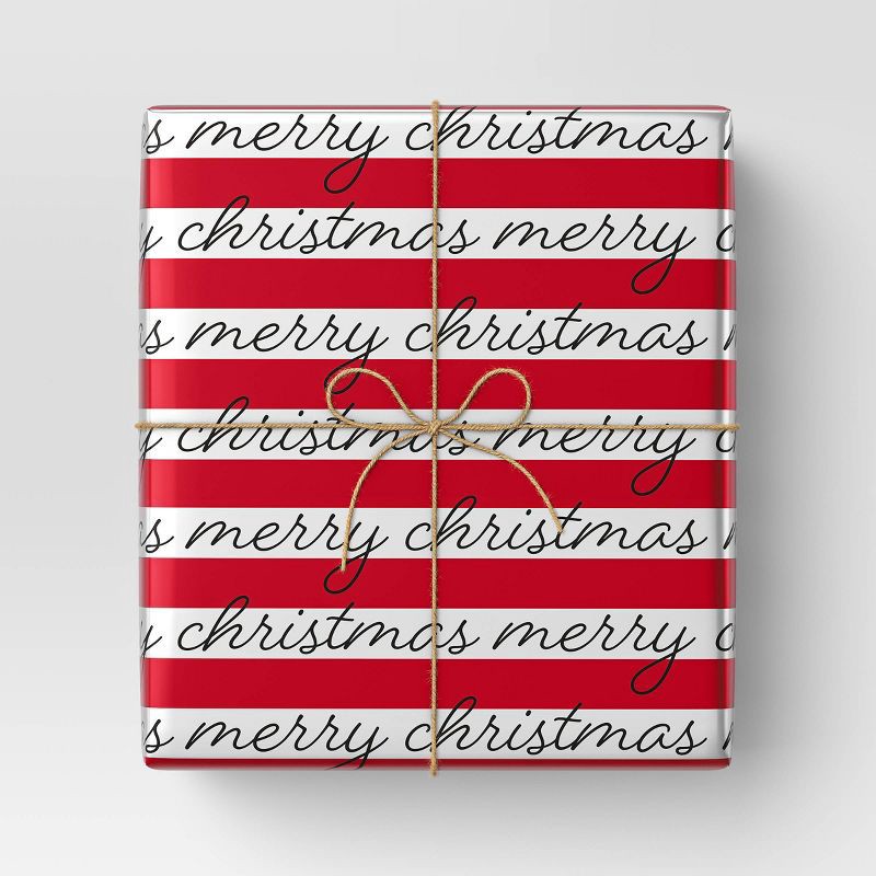 slide 2 of 3, 25 sq ft Metallic 'Merry Christmas' Striped Gift Wrap Red/White - Wondershop™, 25 sq ft