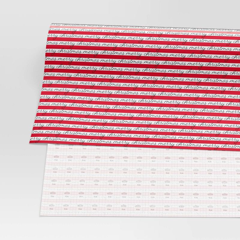 slide 3 of 3, 25 sq ft Metallic 'Merry Christmas' Striped Gift Wrap Red/White - Wondershop™, 25 sq ft