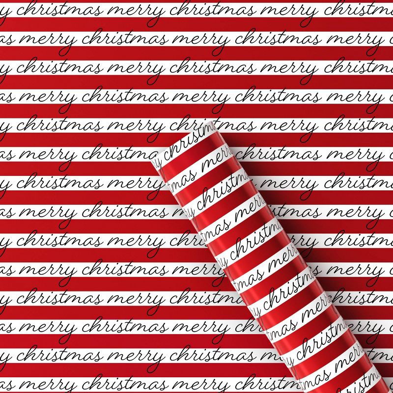 slide 1 of 3, 25 sq ft Metallic 'Merry Christmas' Striped Gift Wrap Red/White - Wondershop™, 25 sq ft