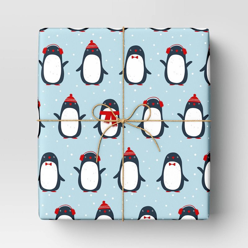 slide 2 of 3, 50 sq ft Penguins Christmas Gift Wrap Blue - Wondershop™: Printed, 20'x30" Roll, Holiday Packaging, 50 sq ft