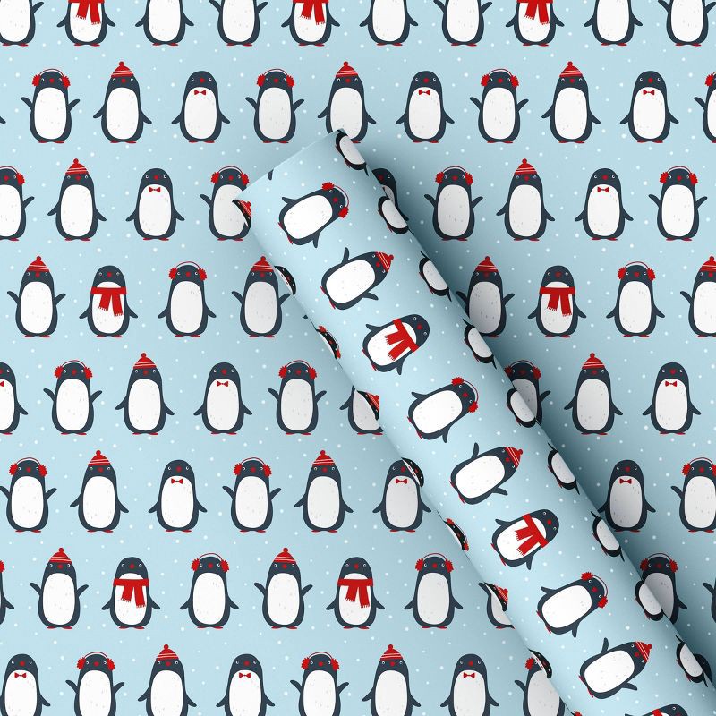 slide 1 of 3, 50 sq ft Penguins Christmas Gift Wrap Blue - Wondershop™: Printed, 20'x30" Roll, Holiday Packaging, 50 sq ft