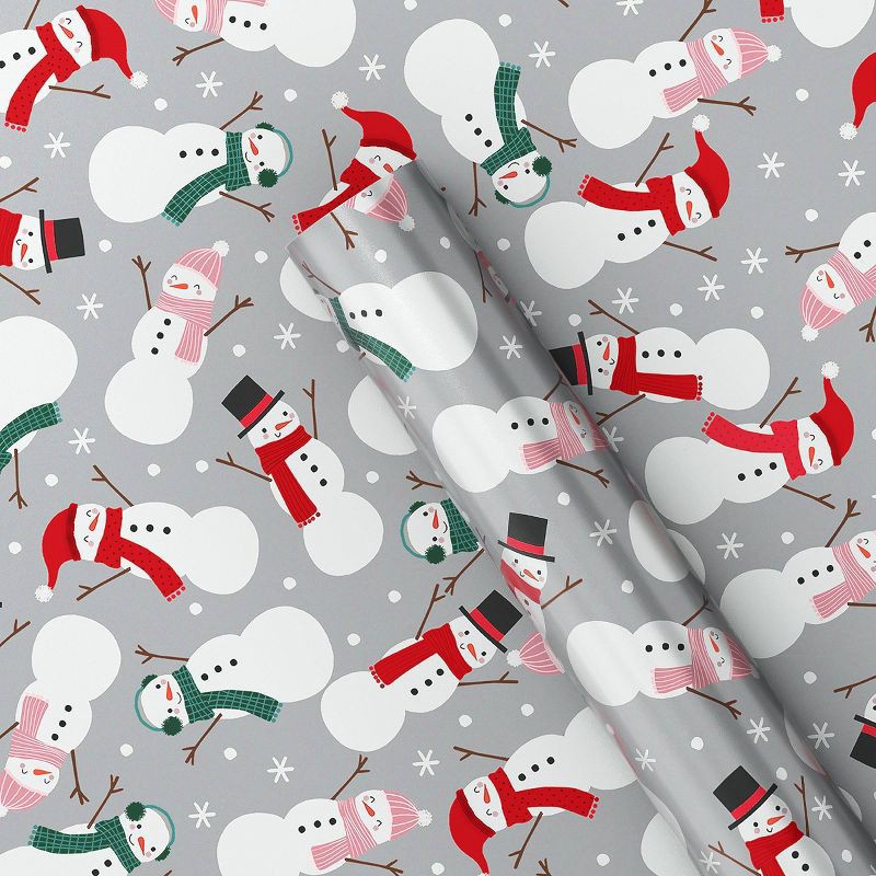 slide 1 of 3, 220 sq ft Snowman Christmas Gift Wrap Gray - Wondershop™: FSC Certified, 66" x 40", 220 sq ft