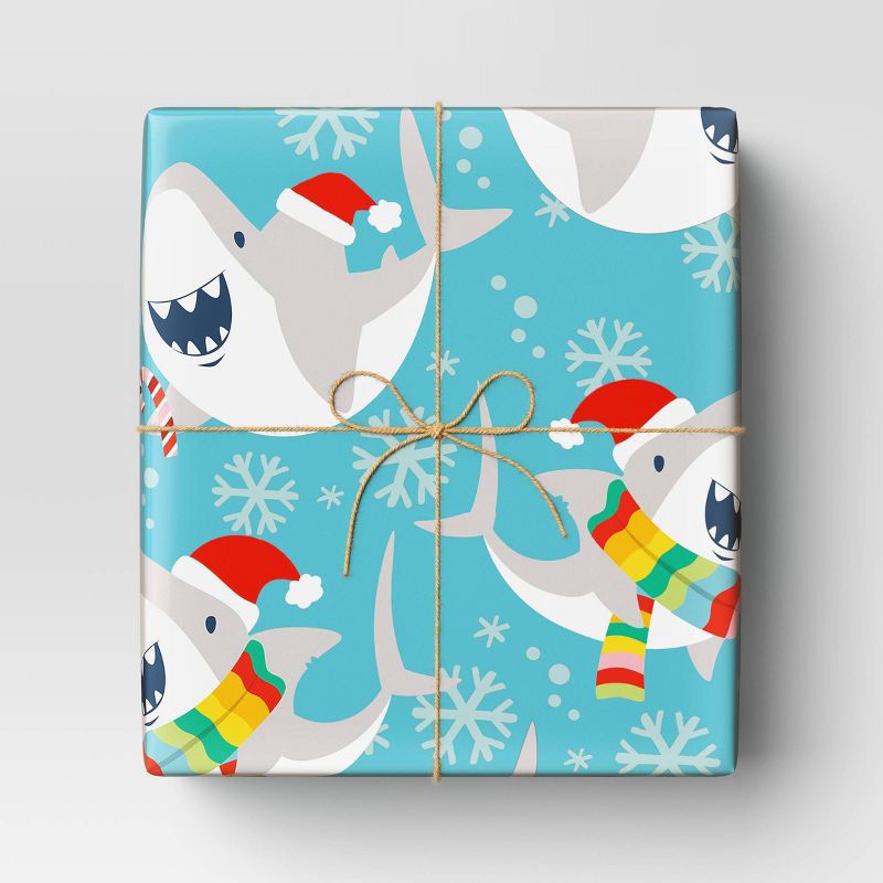 slide 2 of 3, 50 sq ft Shark Christmas Gift Wrap Blue - Wondershop™, 50 sq ft