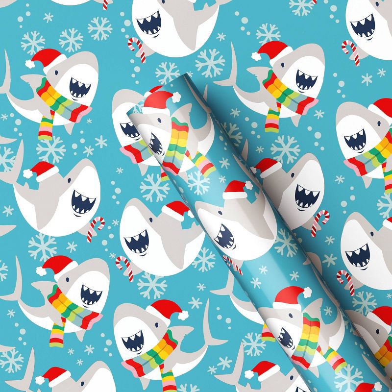 slide 1 of 3, 50 sq ft Shark Christmas Gift Wrap Blue - Wondershop™, 50 sq ft