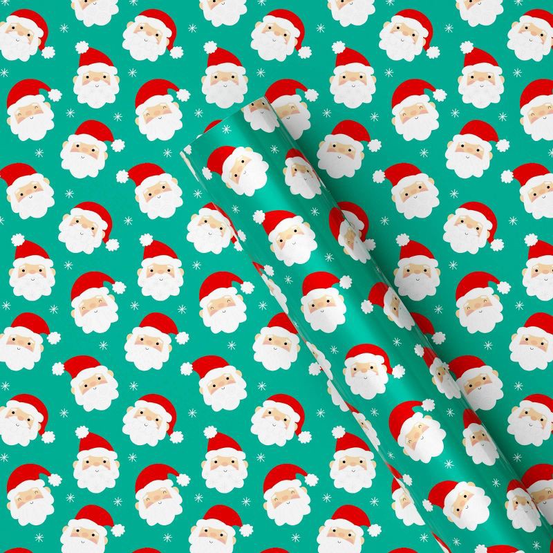 slide 1 of 3, 220 sq ft Santa Faces Christmas Gift Wrap Green - Wondershop™, 220 sq ft