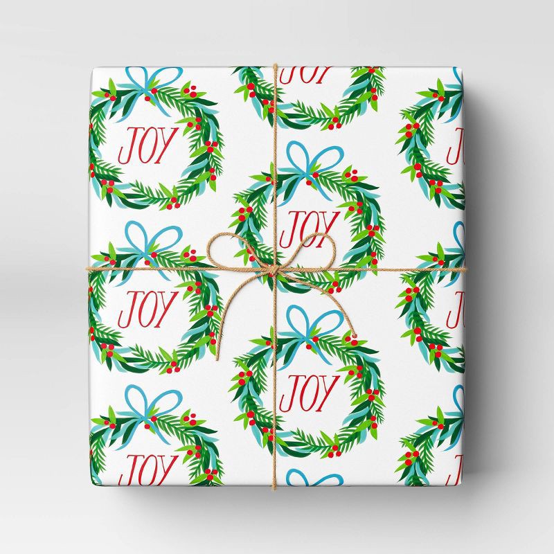 slide 2 of 3, 50 sq ft 'Joy' Wreath Christmas Gift Wrap White - Wondershop™, 50 sq ft