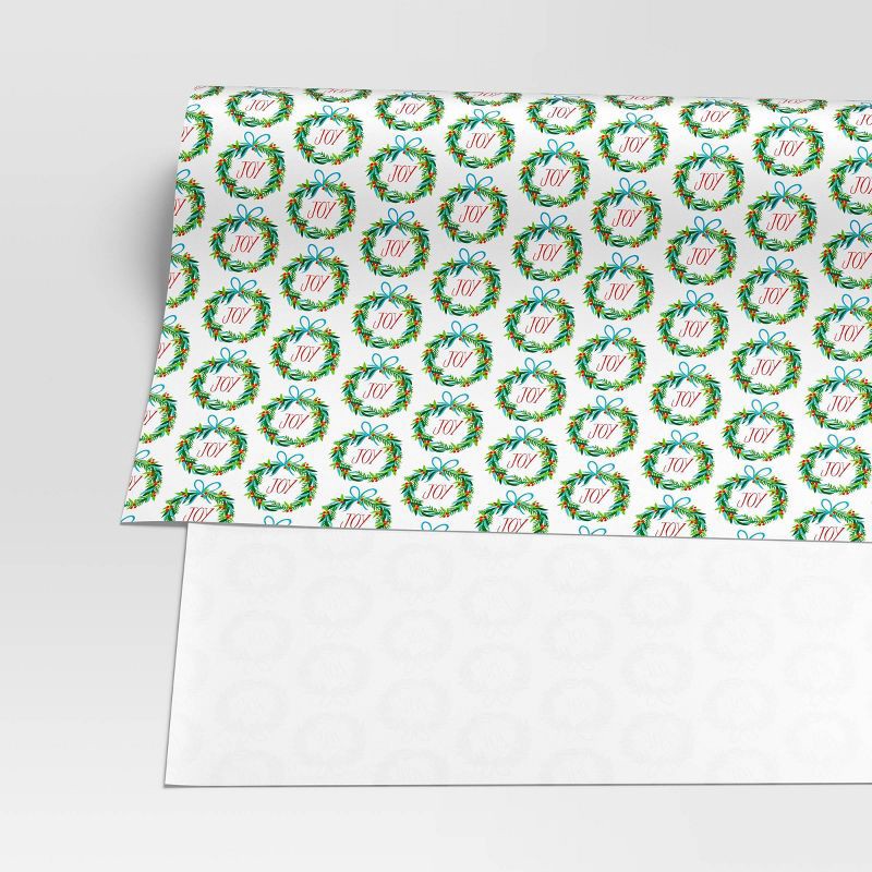 slide 3 of 3, 50 sq ft 'Joy' Wreath Christmas Gift Wrap White - Wondershop™, 50 sq ft