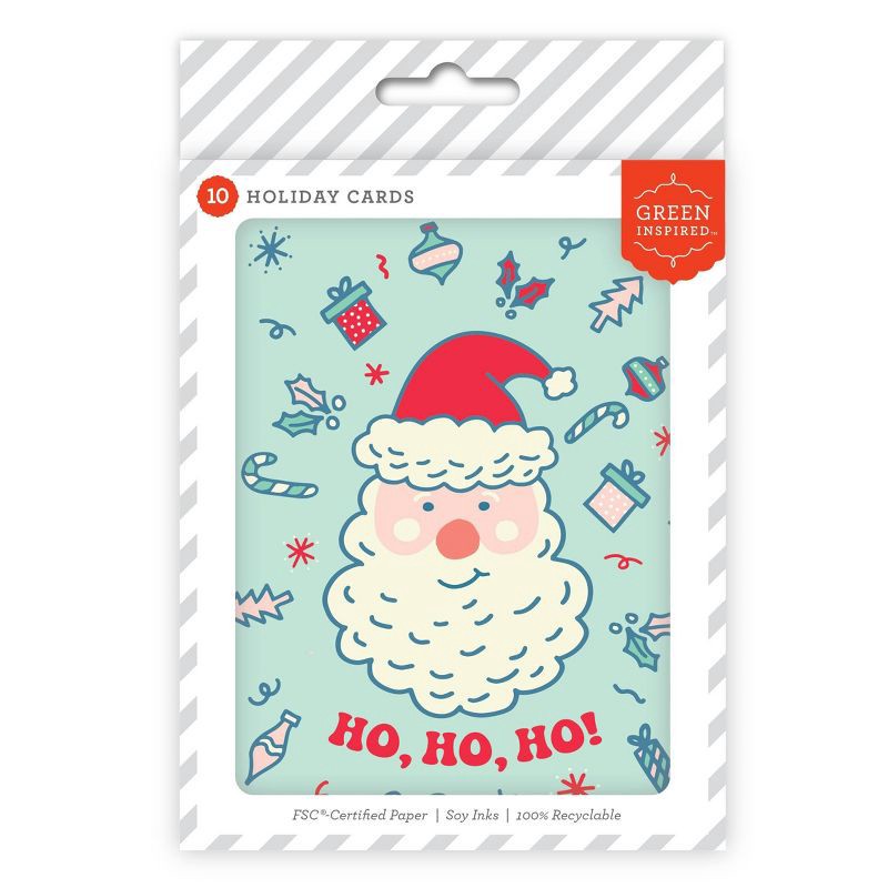 slide 1 of 3, Green Inspired 10ct 'Ho Ho Ho' Santa Christmas Single-Design Boxed Card Pack Mint, 10 ct