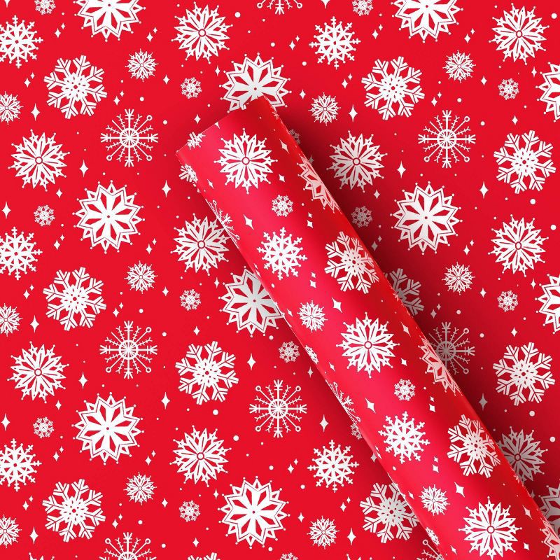 slide 1 of 3, 220 sq ft Snowflake Christmas Gift Wrap White/Red - Wondershop™, 220 sq ft