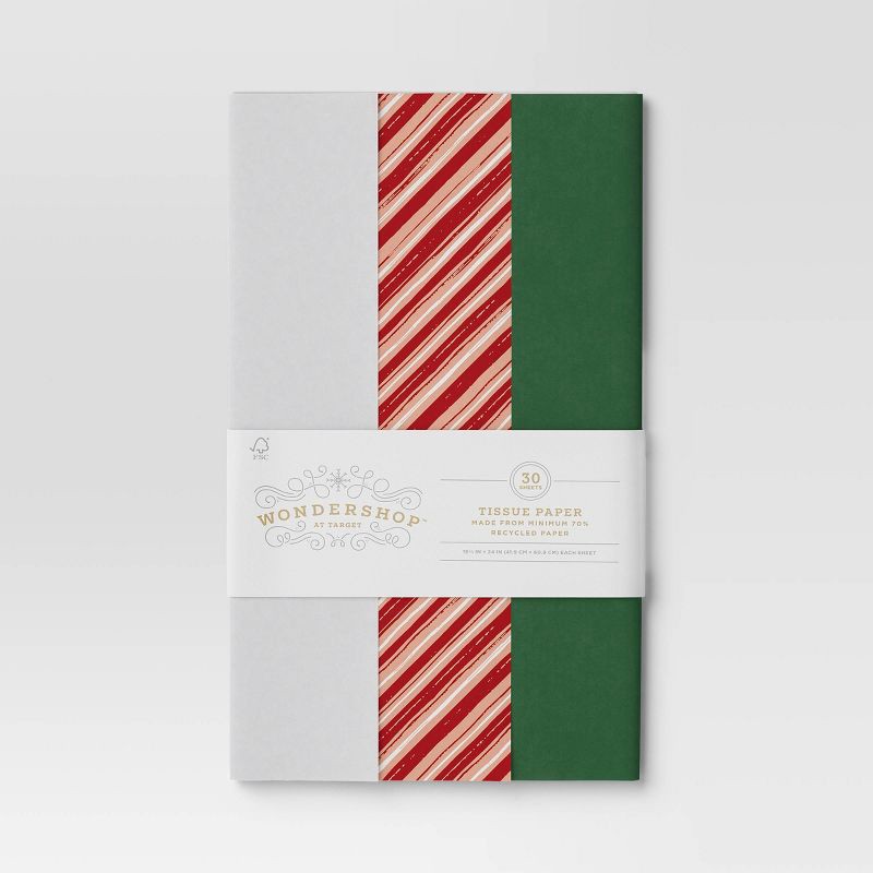 slide 3 of 3, 30ct Banded Christmas Gift Tissue Paper White/Striped/Green - Wondershop™, 30 ct