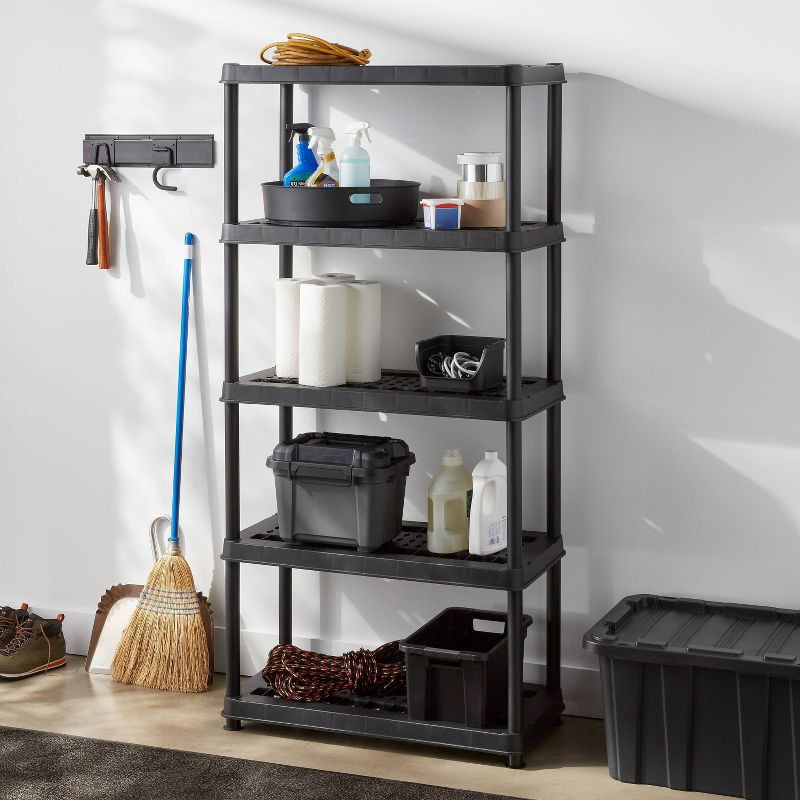 slide 2 of 3, 5 Tier Plastic Shelf Unit Black - Brightroom™: Utility Storage Shelving, 5 Open Shelves, 150 lb Capacity, 73.5" Height, 150 lb