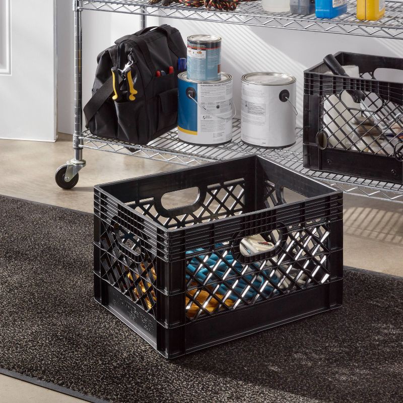 slide 2 of 4, Rehrig Pacific Company 24qt Heavy Duty Stackable Storage Crate - Brightroom™: Black Plastic Utility Bin with Built-In Handles, 24 qt