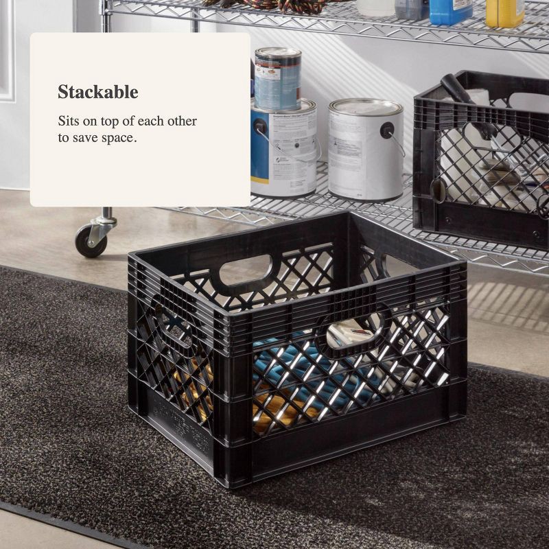 slide 4 of 4, Rehrig Pacific Company 24qt Heavy Duty Stackable Storage Crate - Brightroom™: Black Plastic Utility Bin with Built-In Handles, 24 qt