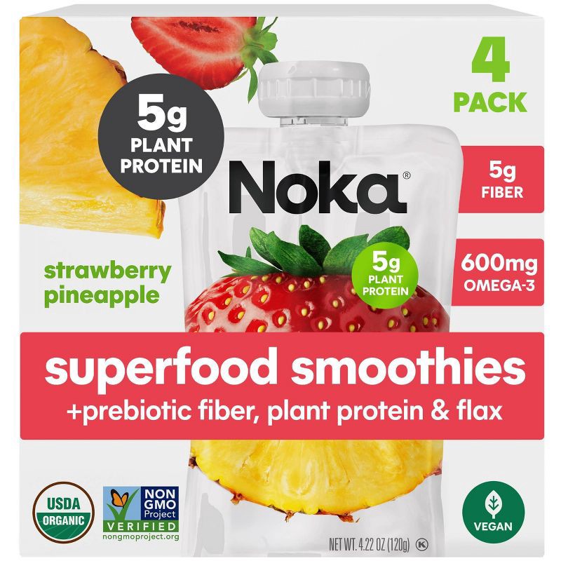 slide 1 of 14, NOKA Superfood Fruit Smoothies + Prebiotic Fiber & Flax Strawberry Pineapple Pouches - 4.22oz/4pk, 4.22 oz, 4 ct