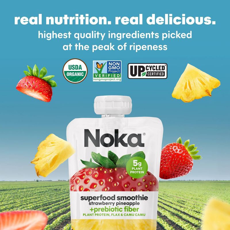 slide 7 of 14, NOKA Superfood Fruit Smoothies + Prebiotic Fiber & Flax Strawberry Pineapple Pouches - 4.22oz/4pk, 4.22 oz, 4 ct
