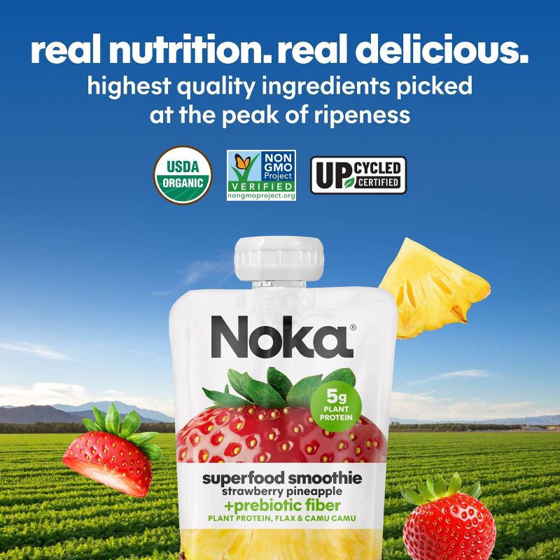 slide 8 of 14, NOKA Superfood Fruit Smoothies + Prebiotic Fiber & Flax Strawberry Pineapple Pouches - 4.22oz/4pk, 4.22 oz, 4 ct