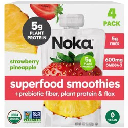 NOKA Superfood Fruit Smoothies + Prebiotic Fiber & Flax Strawberry Pineapple Pouches - 4.22oz/4pk