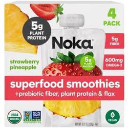 NOKA Superfood Fruit Smoothies + Prebiotic Fiber & Flax Strawberry Pineapple Pouches - 4.22oz/4pk