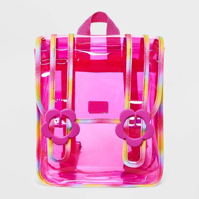 slide 1 of 4, Kids' 11" Rainbow Jelly Clear Mini Backpack with Flower Buckles - Cat & Jack™ Pink, 1 ct