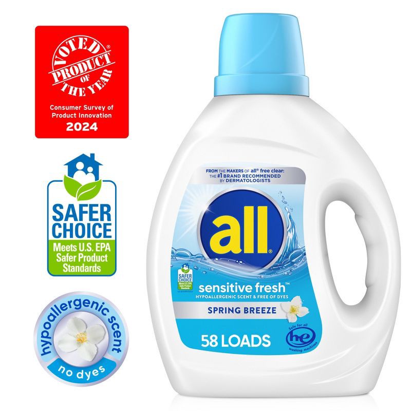 slide 3 of 11, All Free & Clear Sensitive Fresh Spring Breeze Laundry Detergent 58 Loads - 73 fl oz, 88 fl oz