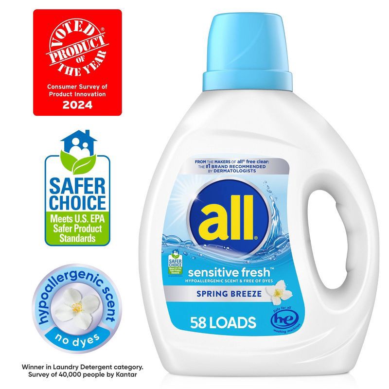 slide 4 of 11, All Free & Clear Sensitive Fresh Spring Breeze Laundry Detergent 58 Loads - 73 fl oz, 88 fl oz