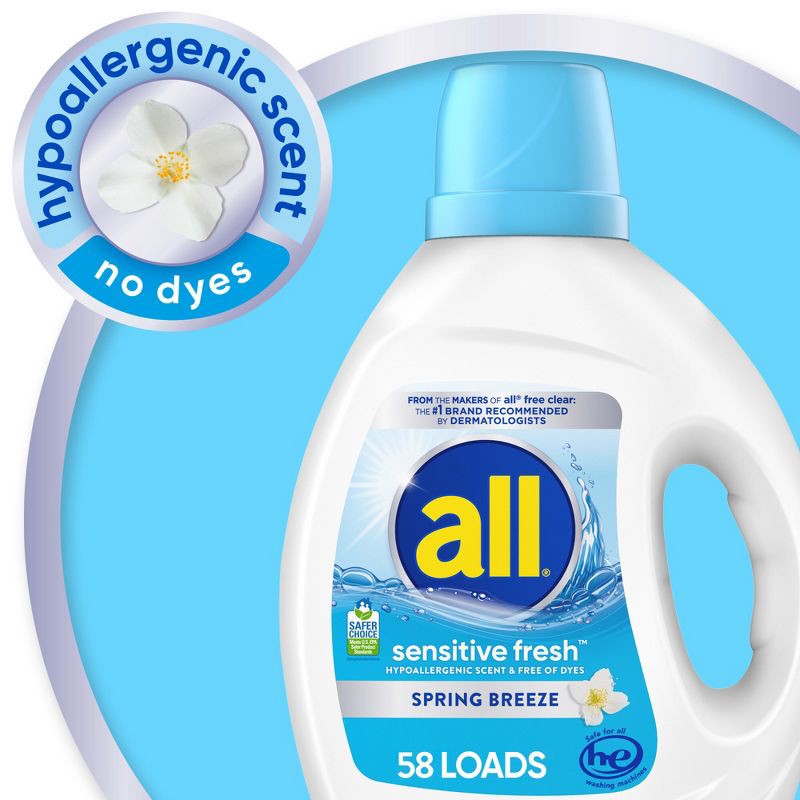 slide 9 of 11, All Free & Clear Sensitive Fresh Spring Breeze Laundry Detergent 58 Loads - 73 fl oz, 88 fl oz