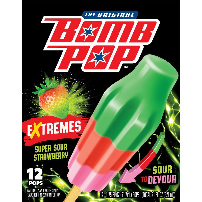 slide 1 of 6, Bomb Pop Frozen Extreme Super Sour Strawberry - 21oz/12ct, 21 oz, 12 ct