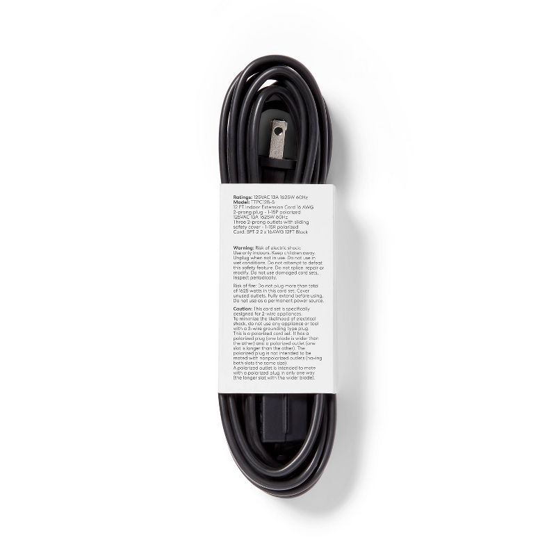 slide 3 of 3, 12' Indoor Cord 4 with 3 Outlets and Sliding Safety Cover Black - Dealworthy™, 1 ct