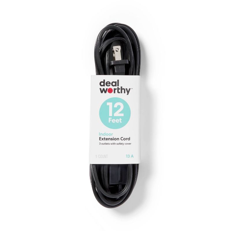 slide 1 of 3, 12' Indoor Cord 4 with 3 Outlets and Sliding Safety Cover Black - Dealworthy™, 1 ct