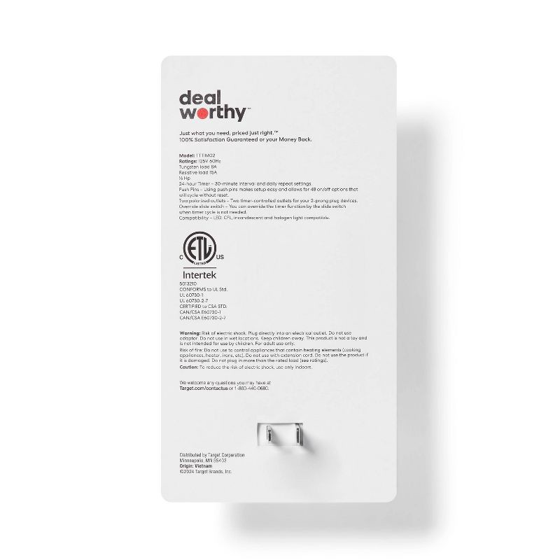 slide 3 of 3, Indoor 2 Polarized Outlet Timer White - Dealworthy™: Light Timer for Indoor Use, 2 Outlets, 13 Amps, 1-Year Warranty, 1 ct