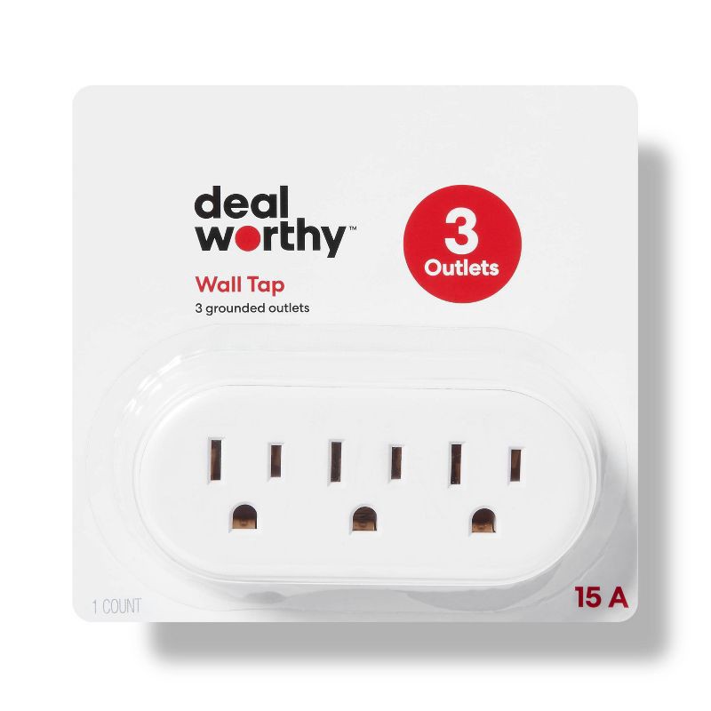 slide 1 of 3, 3 Outlet Wall Tap White - Dealworthy™: Multi Plug Extender, 6 Outlet Adapter, 15A, 1 Year Warranty, 1 ct