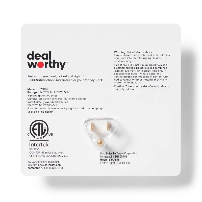 slide 3 of 3, 3 Outlet Wall Tap White - Dealworthy™: Multi Plug Extender, 6 Outlet Adapter, 15A, 1 Year Warranty, 1 ct