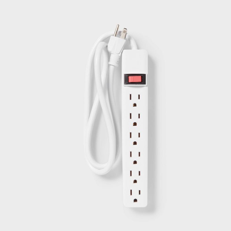 slide 2 of 3, 3' 6 Outlet Indoor Power Strip White - Dealworthy™: 15A 1875W Extension Cord, 14 AWG, 3ft Cable, 1 Year Warranty, 3 ft