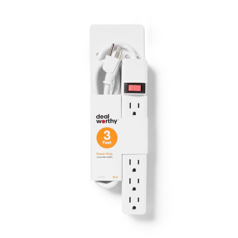 slide 1 of 3, 3' 6 Outlet Indoor Power Strip White - Dealworthy™: 15A 1875W Extension Cord, 14 AWG, 3ft Cable, 1 Year Warranty, 3 ft