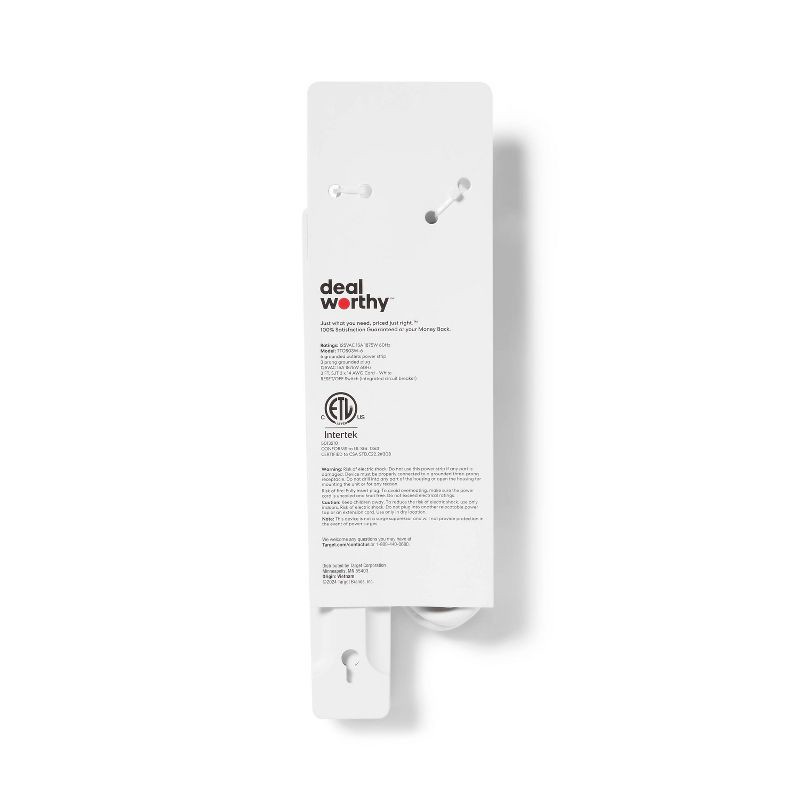 slide 3 of 3, 3' 6 Outlet Indoor Power Strip White - Dealworthy™: 15A 1875W Extension Cord, 14 AWG, 3ft Cable, 1 Year Warranty, 3 ft