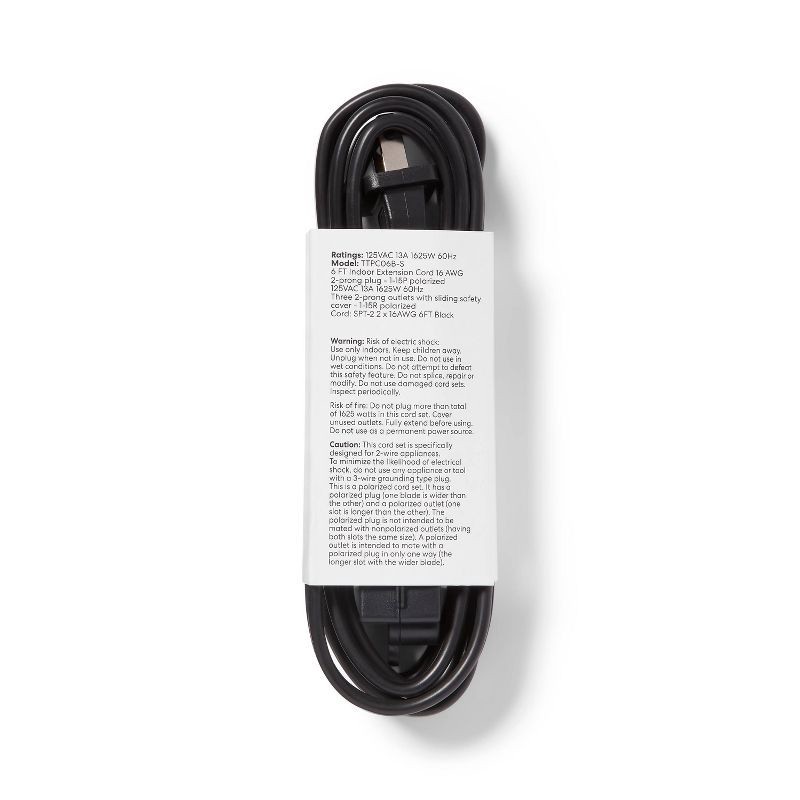 slide 3 of 3, 6' Indoor Cord 3 with 3 Outlets and Sliding Safety Cover Black - Dealworthy™, 1 ct
