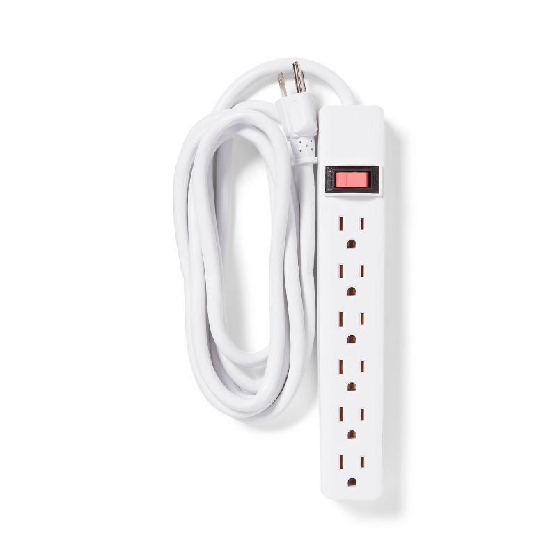 slide 2 of 3, 8' 6 Outlet Indoor Power Strip White - Dealworthy™: 15A, 1875W, 14 AWG, 8ft Extension Cord, 3 Conductors, 8 ft